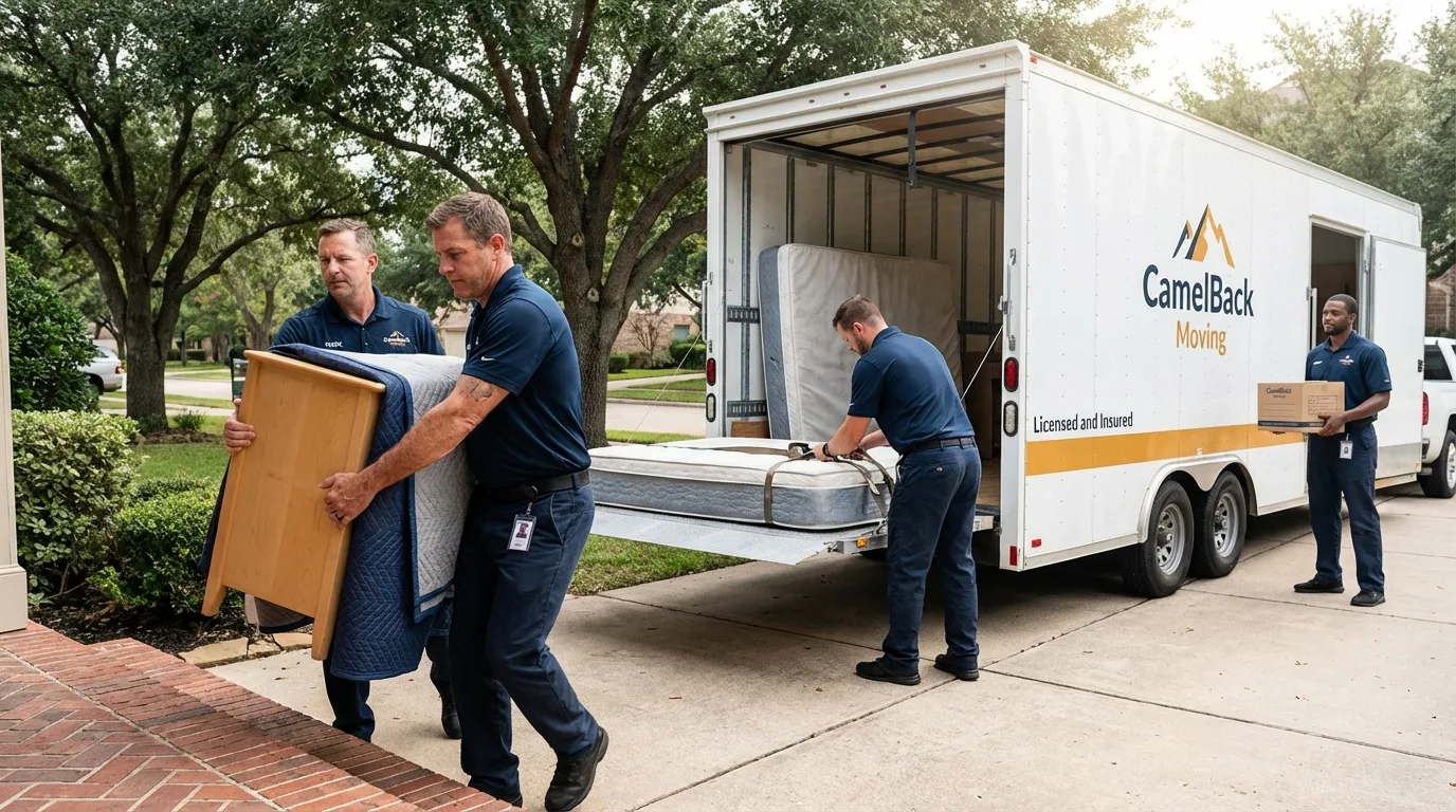 Crew loading residential truck for cross-state move from Le Claire, IA