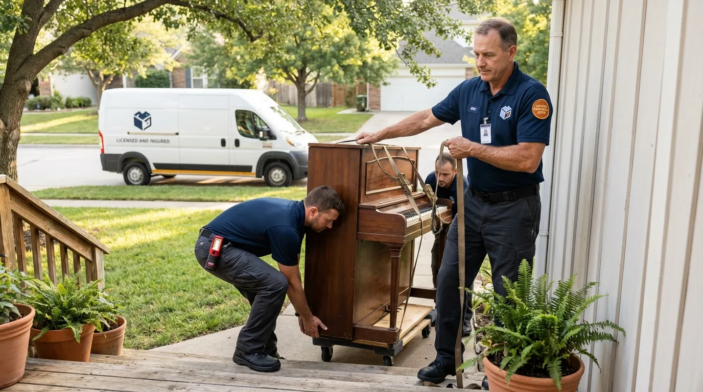 Licensed piano movers securing grand piano in Le Claire, IA