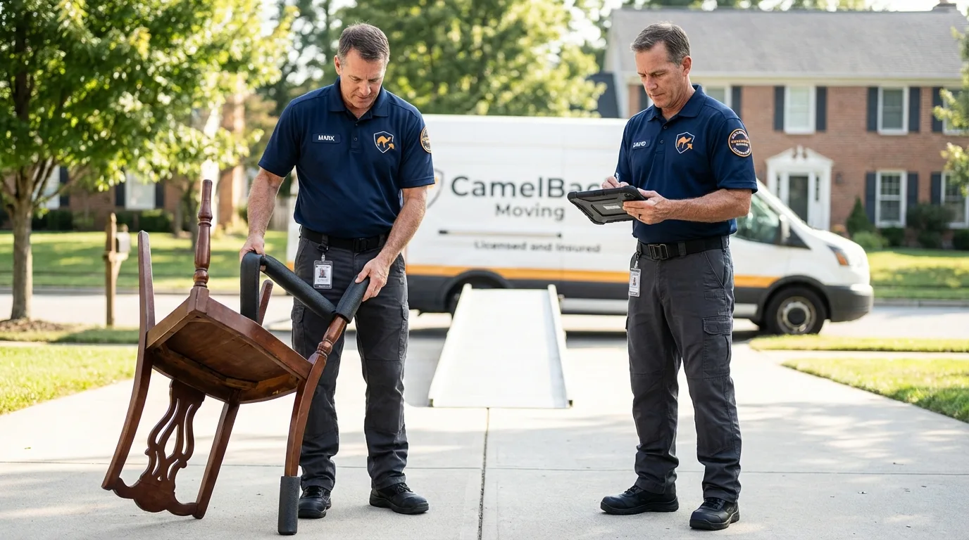 Movers inspecting furniture for damage prevention before loading in Le Claire, IA