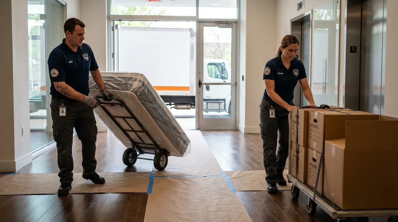 Professional apartment movers loading elevator in Le Claire, IA