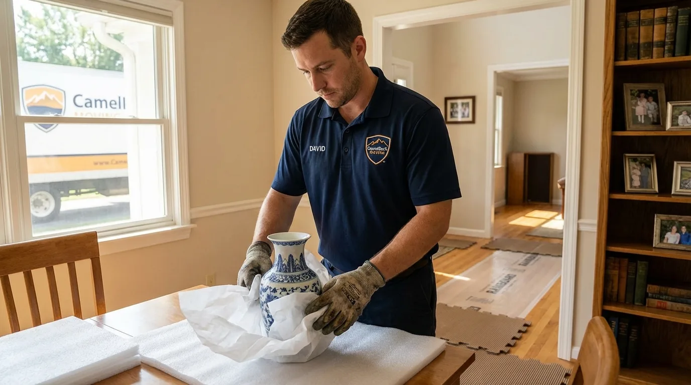 Professional crew carefully wrapping antique vase for senior downsizing move in Le Claire, IA