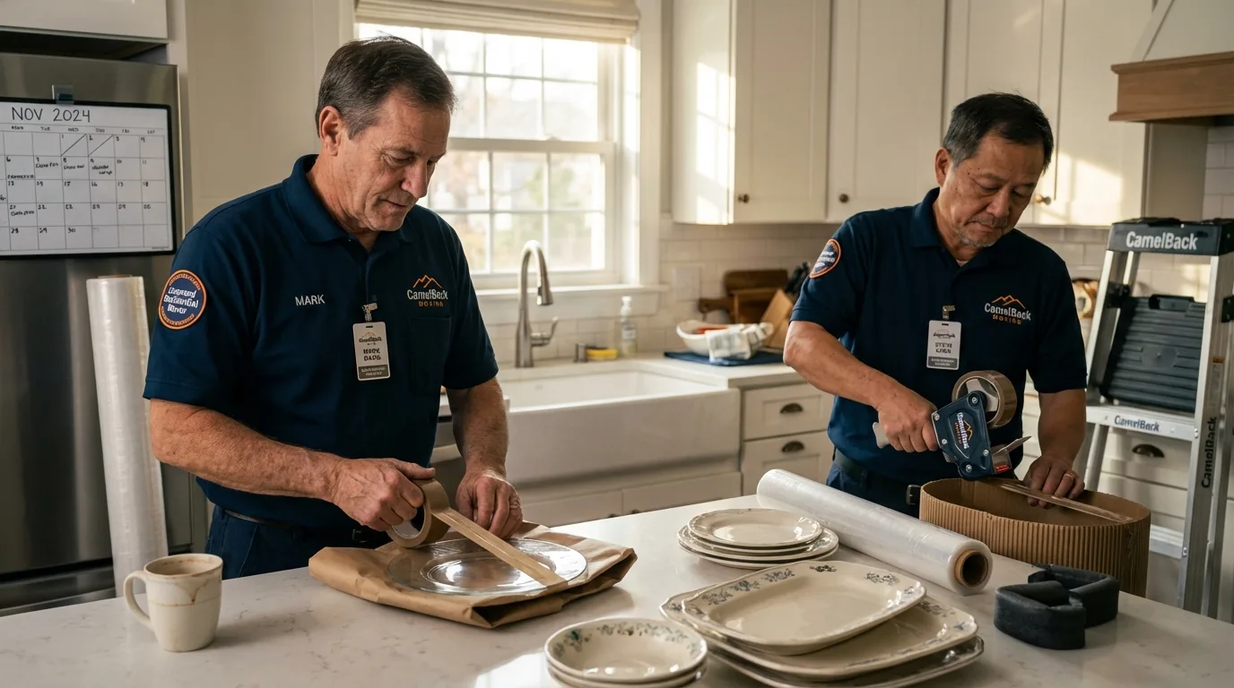Professional crew packing kitchen dishware in Le Claire, IA