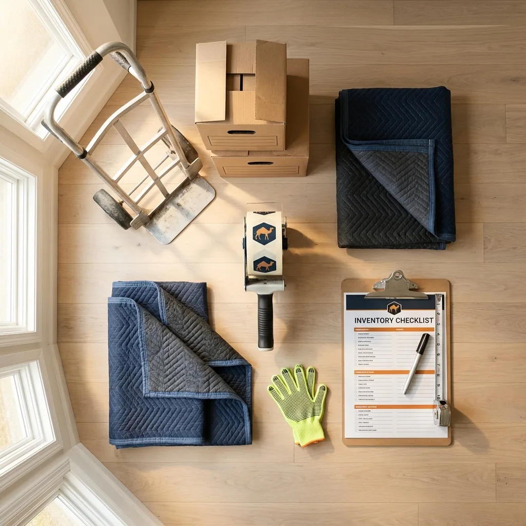 Professional moving supplies and packing materials layout for Le Claire residential relocations